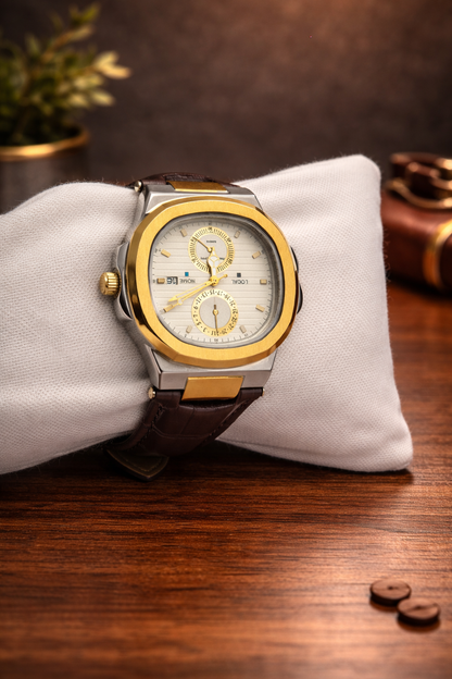Classic Gold & Silver Watch with Leather Strap